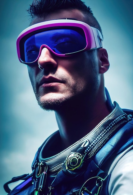 Ritratto di un uomo scifi cyberpunk Uomo futuristico high-tech dal futuro