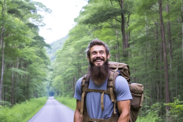 Ritratto di un uomo sorridente con uno zaino in piedi sul sentiero della foresta in campagna