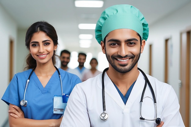 Ritratto di un uomo sorridente del Medio Oriente, un'infermiera con uno stetoscopio che guarda la telecamera, un giovane medico sorridente mentre si trova nel corridoio dell'ospedale con la squadra di assistenza sanitaria sullo sfondo, un chirurgo indiano di successo