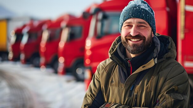 Ritratto di un uomo sorridente in abbigliamento invernale con camion sullo sfondo soggetto allegro all'aperto tema eroe quotidiano ripresa professionale con sfondo sfocato AI