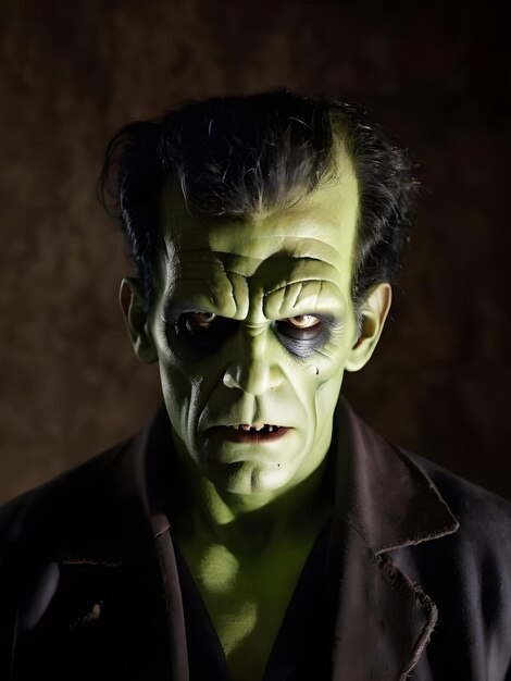 Ritratto di un uomo spaventoso di Victor Frankenstein su uno sfondo scuro Halloween