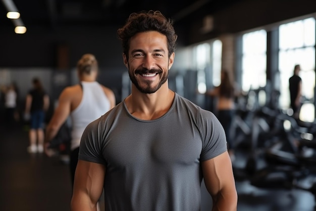 Ritratto di un uomo sportivo sorridente che tiene in mano una tazza di caffè in plastica in palestra