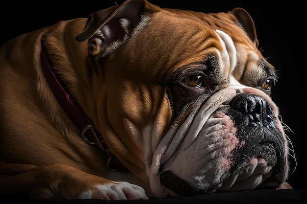 Ritratto di un vecchio bulldog inglese su sfondo nero Rete neurale AI generata