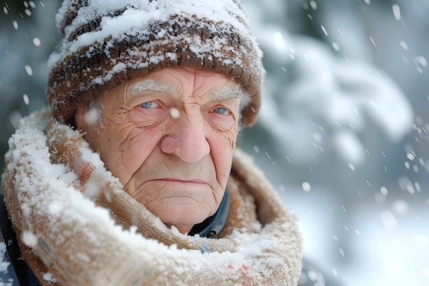 Ritratto di un vecchio dall'aspetto serio nella neve