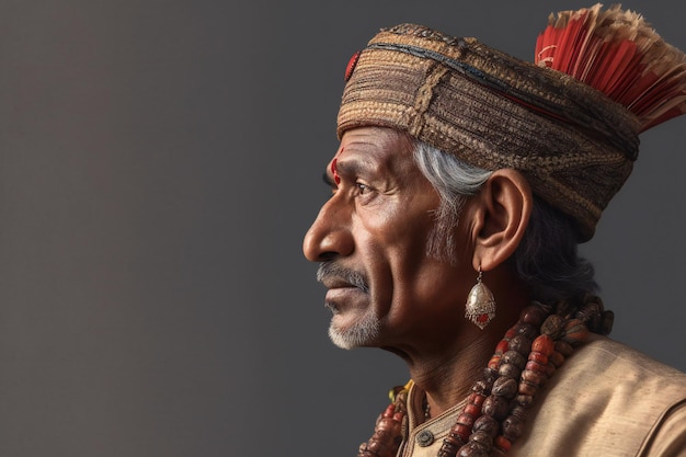 Ritratto di un vecchio indiano con abiti tradizionali e un cappello