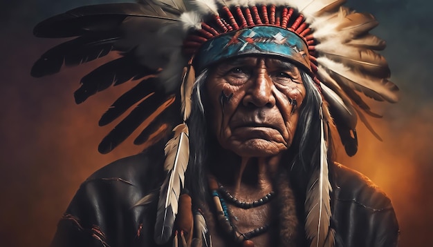 Ritratto di un vecchio indiano indiano in guerra dipinto su uno sfondo grunge affumicato generato dall'AI