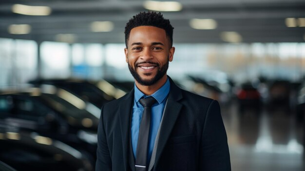 Ritratto di un venditore di auto afroamericano sorridente in abito in piedi in una concessionaria automobilistica