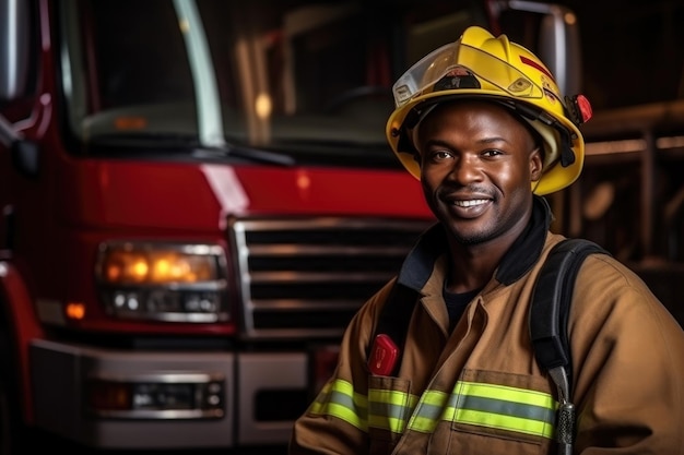 Ritratto di un vigile del fuoco africano in uniforme e casco vicino a un camion dei vigili del fuoco