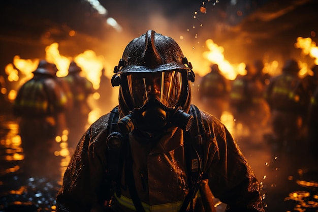 Ritratto di un vigile del fuoco in azione con il fuoco sullo sfondo