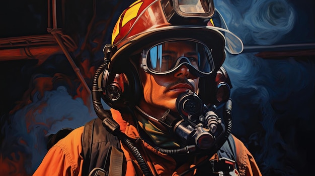 Ritratto di un vigile del fuoco in tuta, casco protettivo e occhiali da protezione