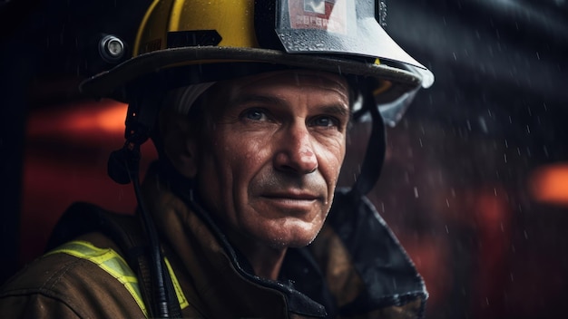 Ritratto di un vigile del fuoco in una stazione dei vigili del fuoco sotto la pioggia