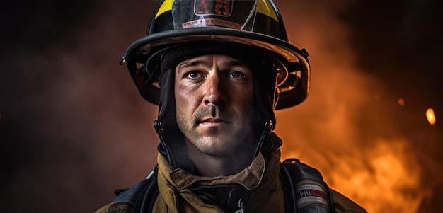 Ritratto di un vigile del fuoco maschio in attrezzature sullo sfondo di un incendio