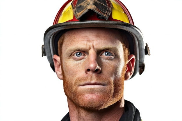 Ritratto di un vigile del fuoco rosso che indossa un casco e occhiali