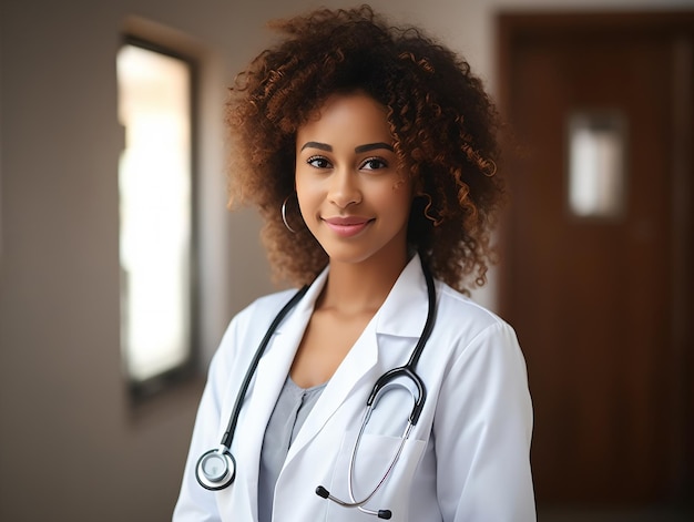 Ritratto di una amichevole dottoressa in abiti da lavoro con uno stetoscopio al collo