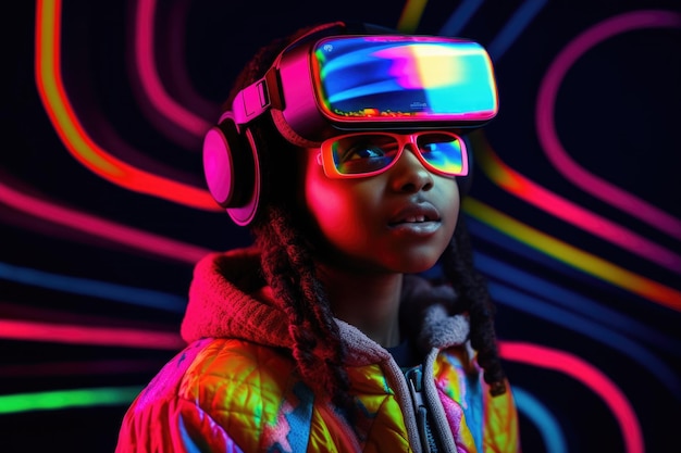 Ritratto di una bambina afroamericana che indossa un visore per la realtà virtuale Colori vivaci e HMD luminoso al neon sul viso delle ragazze Generato con l'intelligenza artificiale