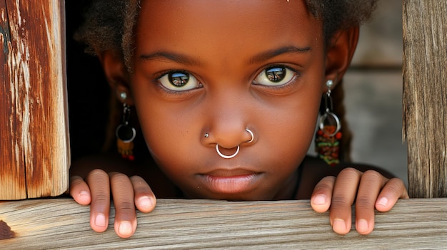 Ritratto di una bambina afroamericana con un anello al naso che guarda fuori dalla finestra