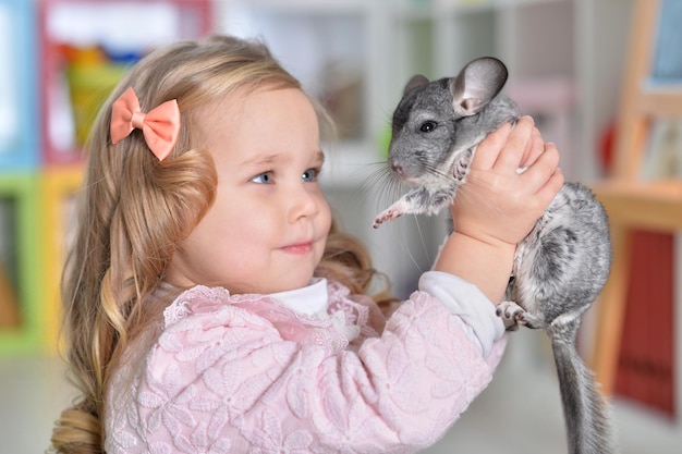 Ritratto di una bambina carina che gioca con il cincillà