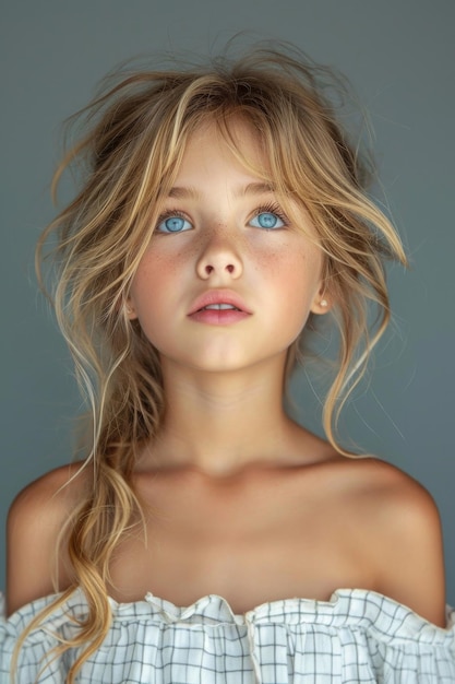 Ritratto di una bambina carina con i capelli lunghi e biondi su uno sfondo chiaro