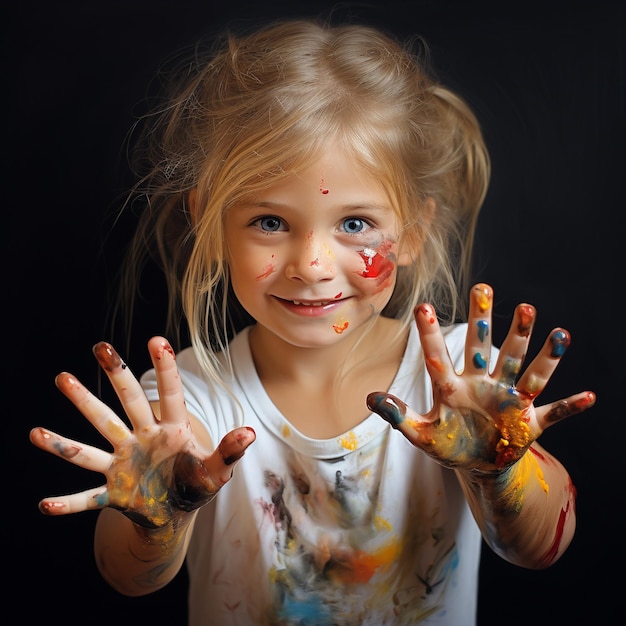 Ritratto di una bambina carina con le mani dipinte in colori vivaci