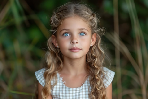 Ritratto di una bambina carina con lunghi capelli biondi su sfondo chiaro