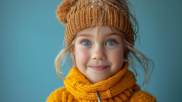 Ritratto di una bambina carina con un cappello e una sciarpa a maglia