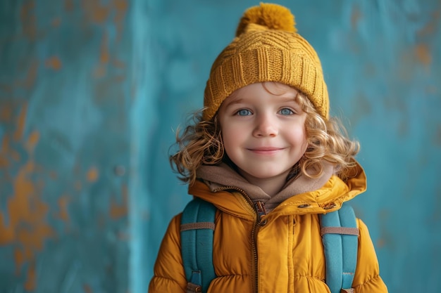 Ritratto di una bambina carina con un cappello giallo e uno zaino su uno sfondo blu