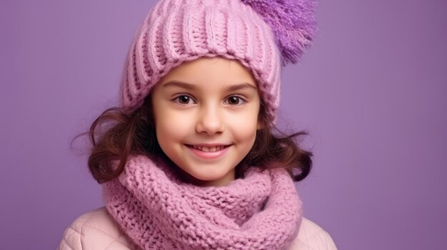 Ritratto di una bambina carina con un cappello lavorato a maglia su uno sfondo colorato