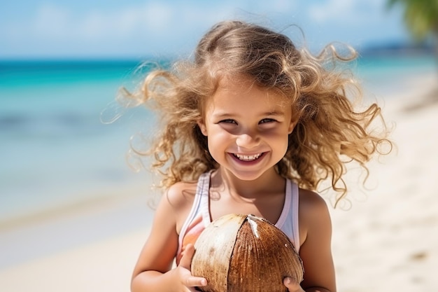 Ritratto di una bambina carina con una noce di cocco sulla spiaggia