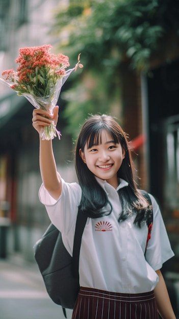 Ritratto di una bambina carina in uniforme scolastica con fiocco bianco che tiene bouquet di p AI generativa
