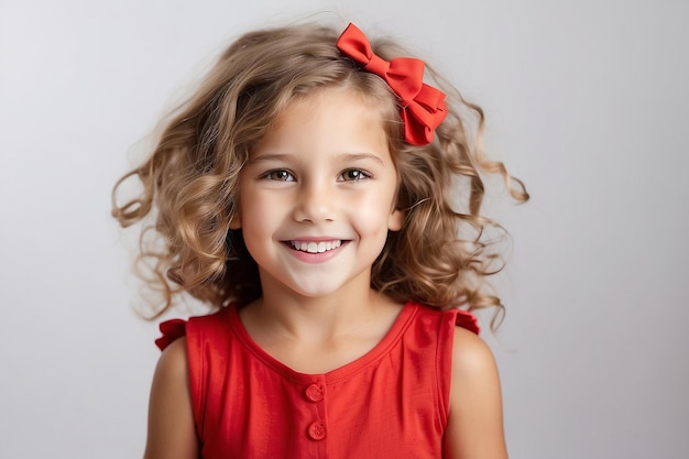 Ritratto di una bambina caucasica sorridente in abito rosso che guarda la telecamera