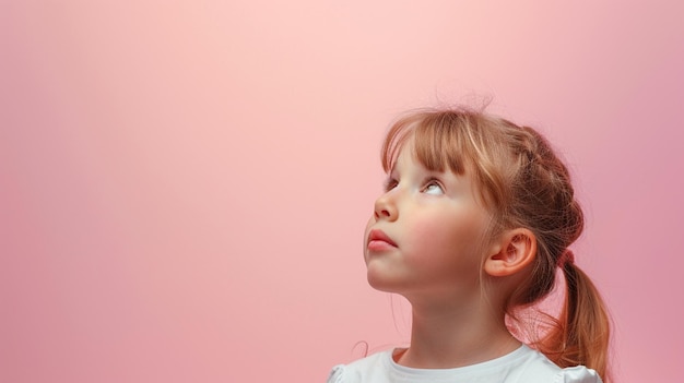 Ritratto di una bambina che esprime nostalgia e desiderio con spazio di copia isolato su uno sfondo a colore solido