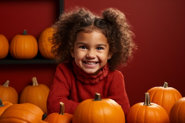 Ritratto di una bambina con maglione rosso con zucche