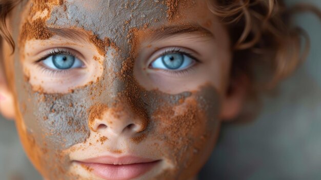 Ritratto di una bambina con una maschera di argilla sul viso AI generativa