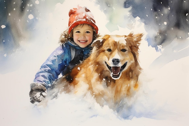 ritratto di una bambina e del suo cane nella foresta invernale dopo un'attiva illustrazione dell'acquerello