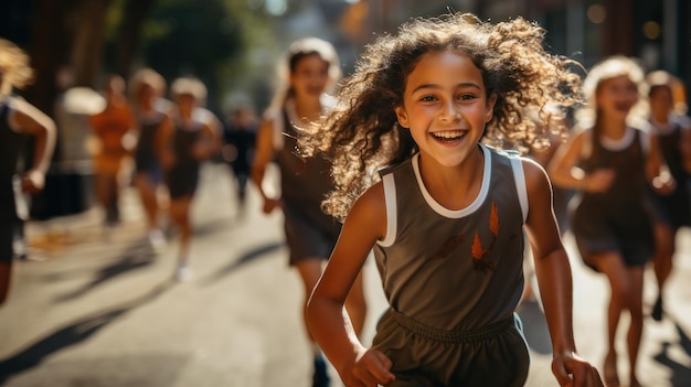 Ritratto di una bambina felice che corre in città con i suoi amici