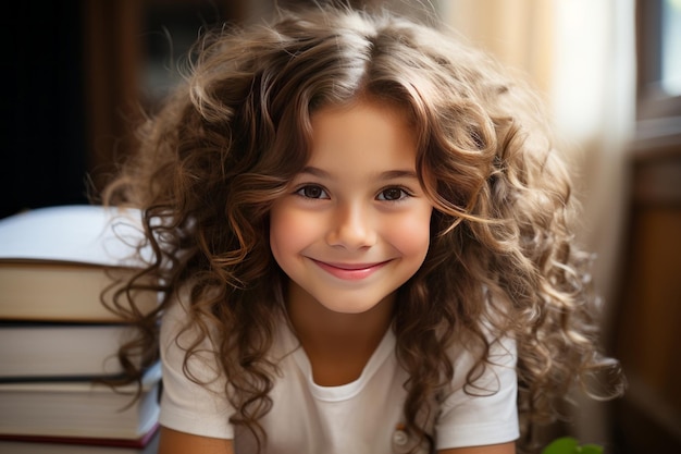 Ritratto di una bambina felice con gli occhiali seduto su una pila di libri AI Generated