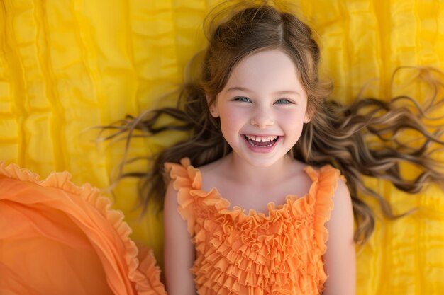 Ritratto di una bambina felice con i capelli lunghi e marroni che indossa un vestito arancione sdraiato su una coperta gialla