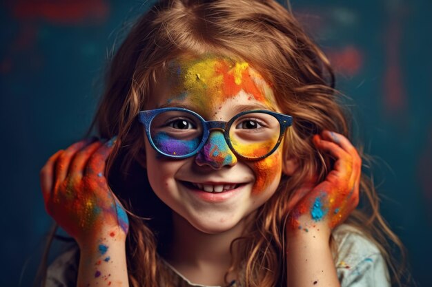 Ritratto di una bambina felice e sorridente con gli occhiali con vernice colorata sulla pelle generativa AI