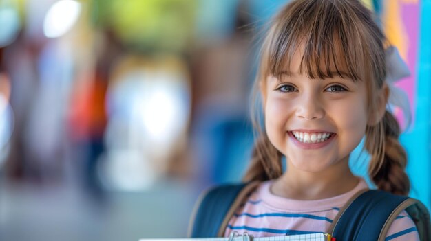 Ritratto di una bambina gentile a scuola con spazio di copia sullo sfondo sfocato del corridoio scolastico
