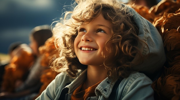 ritratto di una bambina sorridente che gioca con foglie autunnali su uno sfondo di alberi nel parco