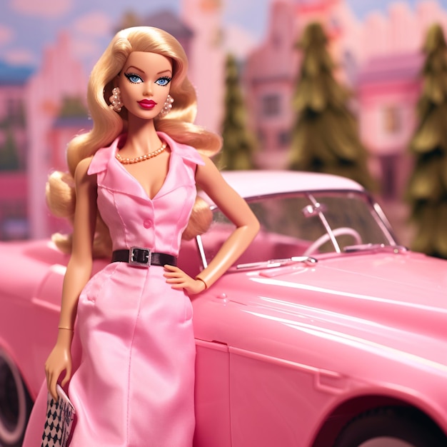 Ritratto di una bambola Barbie bionda contro in abito rosa con la sua auto barbie