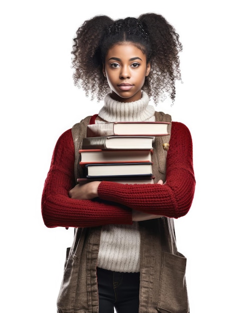 Ritratto di una bella adolescente nera con dei libri in mano
