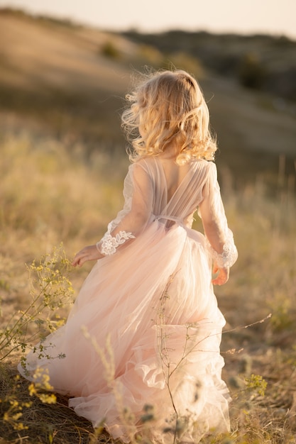 Ritratto di una bella bambina principessa in un abito rosa. In posa in un campo al tramonto