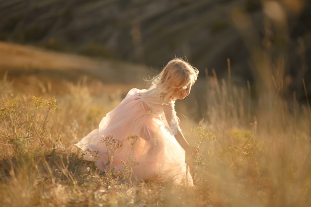 Ritratto di una bella bambina principessa in un abito rosa. In posa in un campo al tramonto