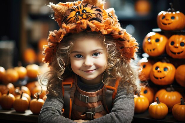 Ritratto di una bella bambina sullo sfondo di zucche Il concetto di Halloween