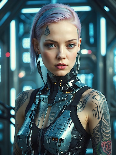 Ritratto di una bella cyberpunk giovane donna tatuata concetto di moda futuristico