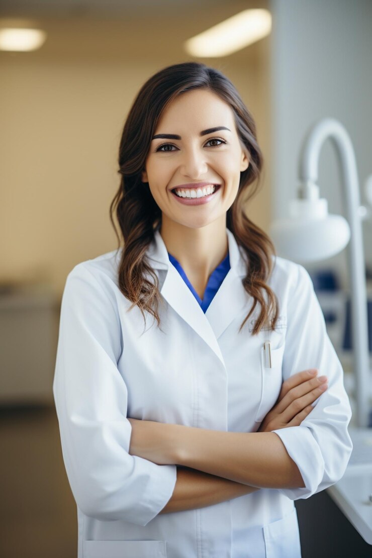 Foto ritratto di una bella dentista sorridente in piedi con le braccia incrociate nella sua clinica dentale