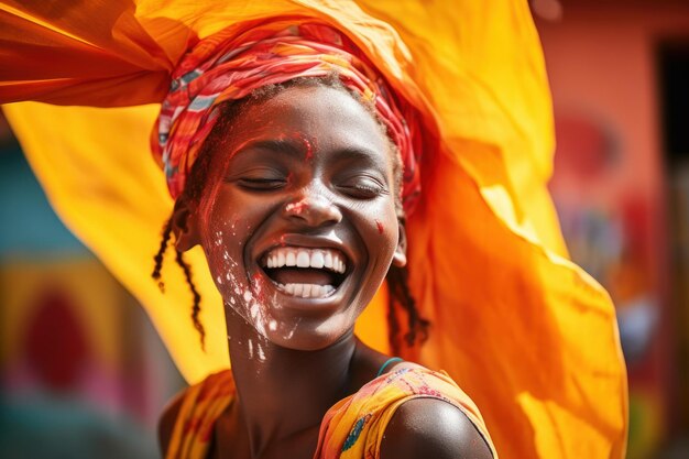 Ritratto di una bella donna africana con sciarpa arancione sorridente