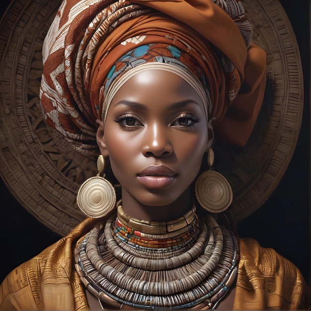 Ritratto di una bella donna africana in abiti tradizionali che indossa accessori tradizionali