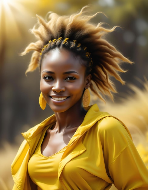 Ritratto di una bella donna afroamericana con i capelli afro in impermeabile giallo